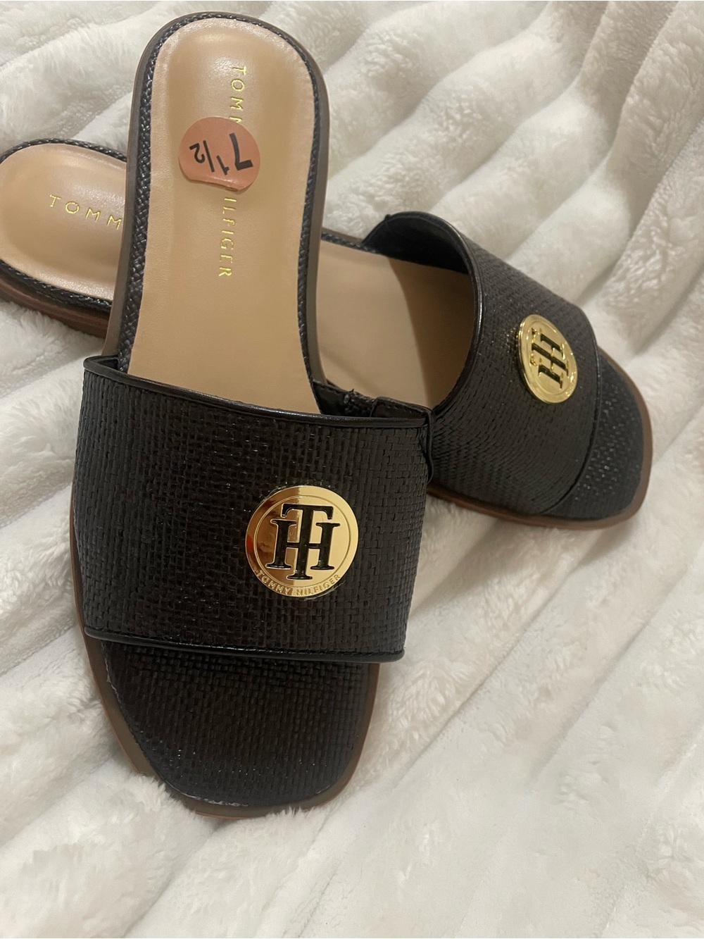 Tommy Hilfiger Black Textured Slide Sandals with Gold Logo Medallions